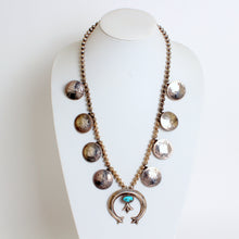Load image into Gallery viewer, Vintage Sterling Silver & Turquoise Walking Liberty Coin Squash Blossom Necklace