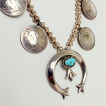Load image into Gallery viewer, Vintage Sterling Silver & Turquoise Walking Liberty Coin Squash Blossom Necklace