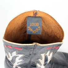 Load image into Gallery viewer, STOLEN 6/21/24 Vintage Goding Black Cowboy Boots With Fancy Uppers in Red and White