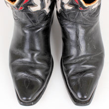 Load image into Gallery viewer, STOLEN 6/21/24 Vintage Goding Black Cowboy Boots With Fancy Uppers in Red and White