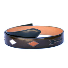 Load image into Gallery viewer, Handmade Brown Leather Belt with Arrow &amp; Diamond Inlaid Designs sz 40-1/2&quot; BHA111