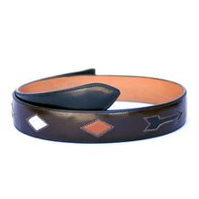 Load image into Gallery viewer, Handmade Brown Leather Belt with Arrow & Diamond Inlaid Designs sz 40-1/2" BHA111
