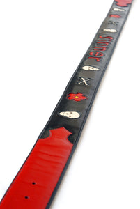 Handmade Red and Black Leather Belt "Sinner" Inlaid Design sz 38-1/2"
