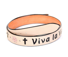 Load image into Gallery viewer, Beige Handmade Leather Belt &quot;Viva la Vida&quot; Inlaid Design sz 36&quot;