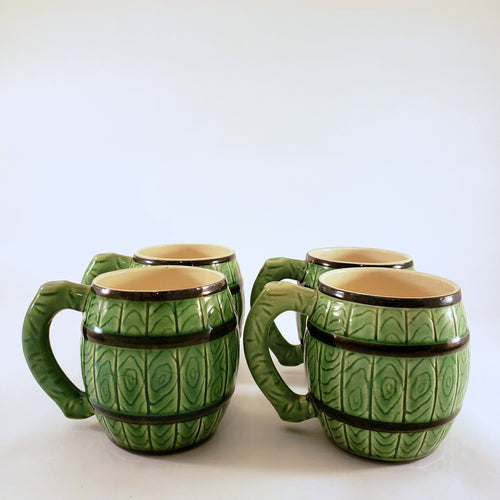 Vintage Set of 4 Faux Bois Barrel Style Ceramic Mugs