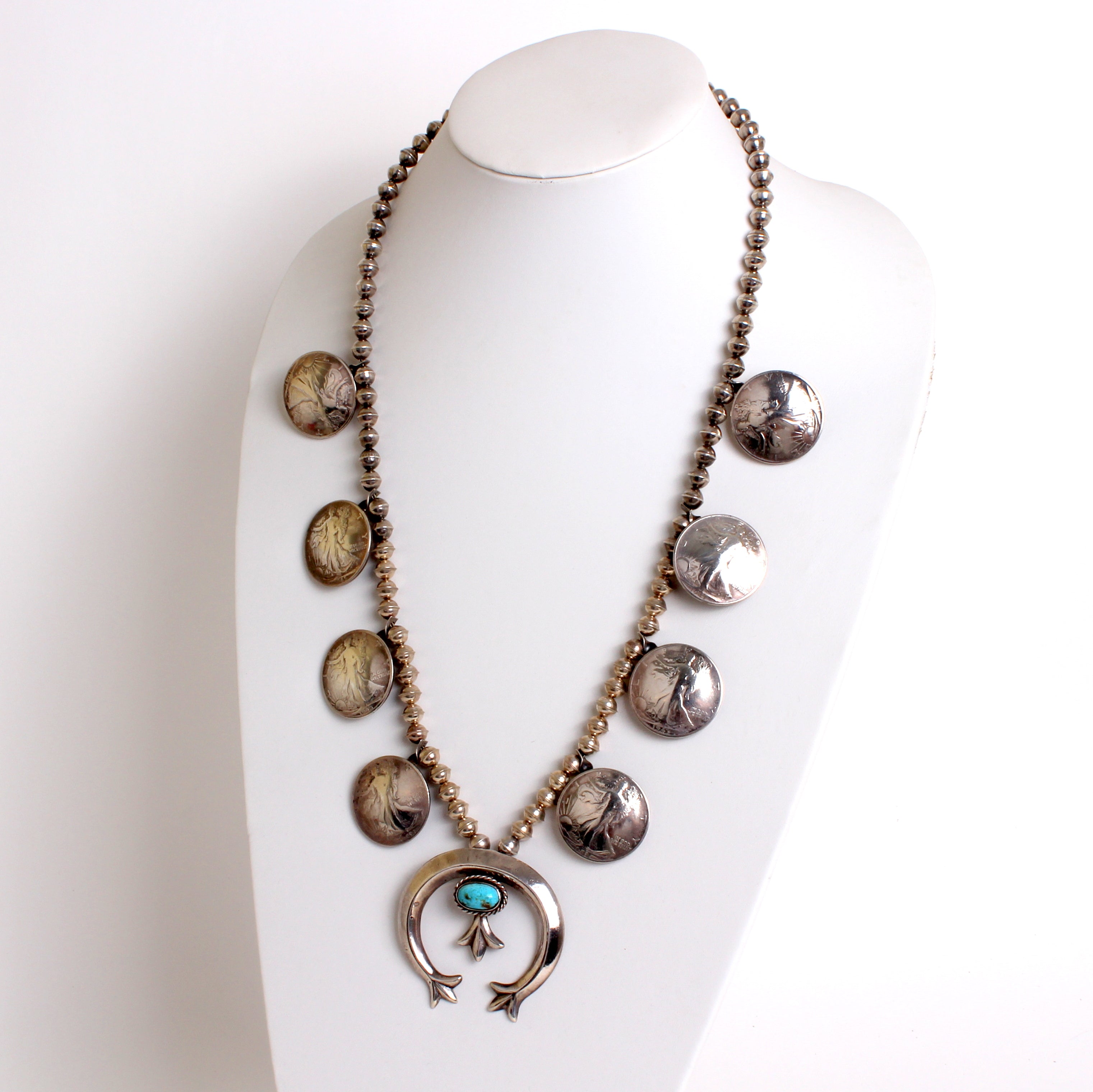 1970s Navajo 925 Silver Turquoise Squash Blossom Necklace - Yourgreatfinds