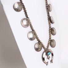 Load image into Gallery viewer, Vintage Sterling Silver &amp; Turquoise Walking Liberty Coin Squash Blossom Necklace