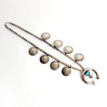 Load image into Gallery viewer, Vintage Sterling Silver &amp; Turquoise Walking Liberty Coin Squash Blossom Necklace