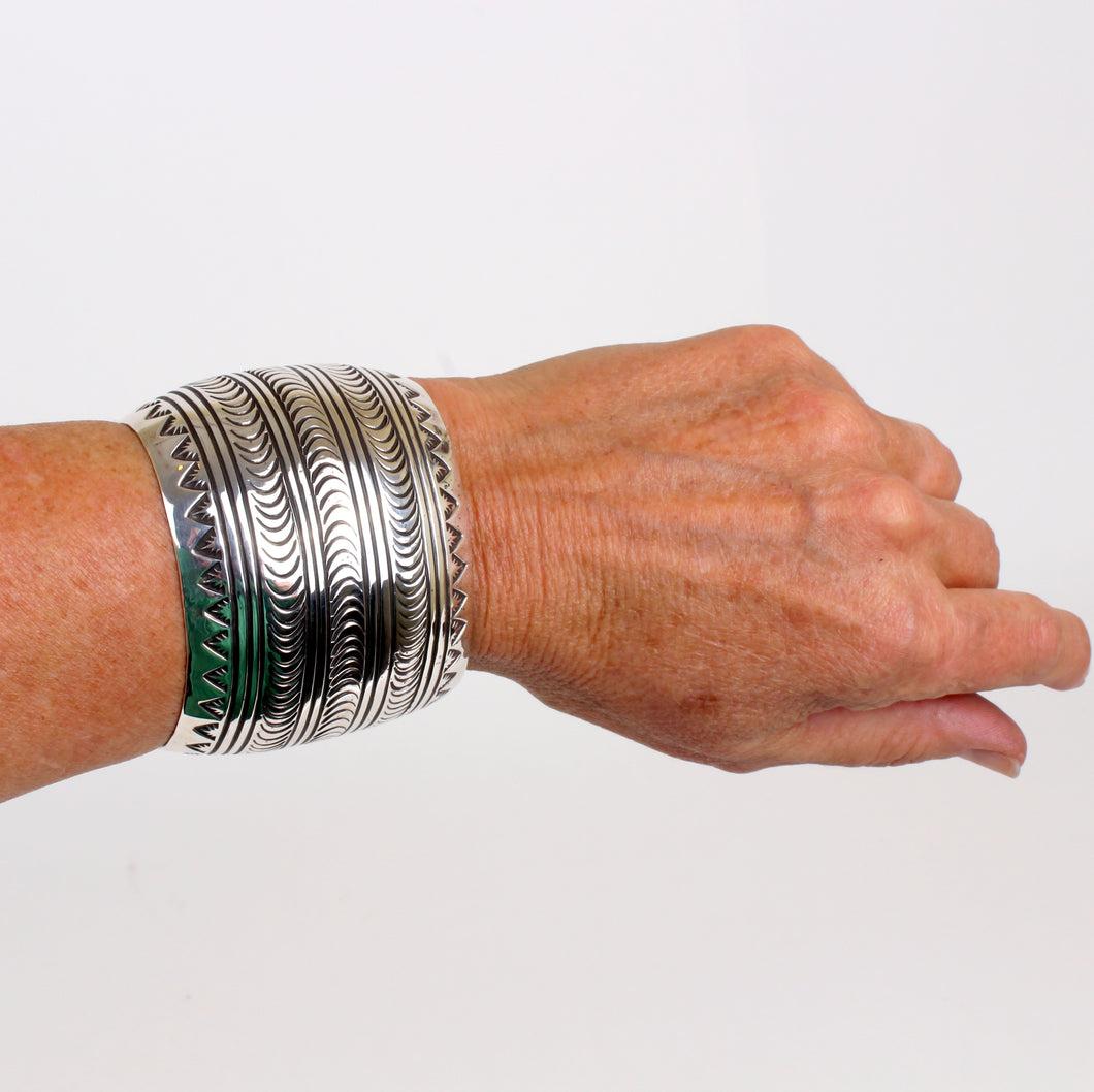 Sterling Silver Jewelry Large Stamped Cuff Bracelet by Navajo Artist Carson Blackgoat