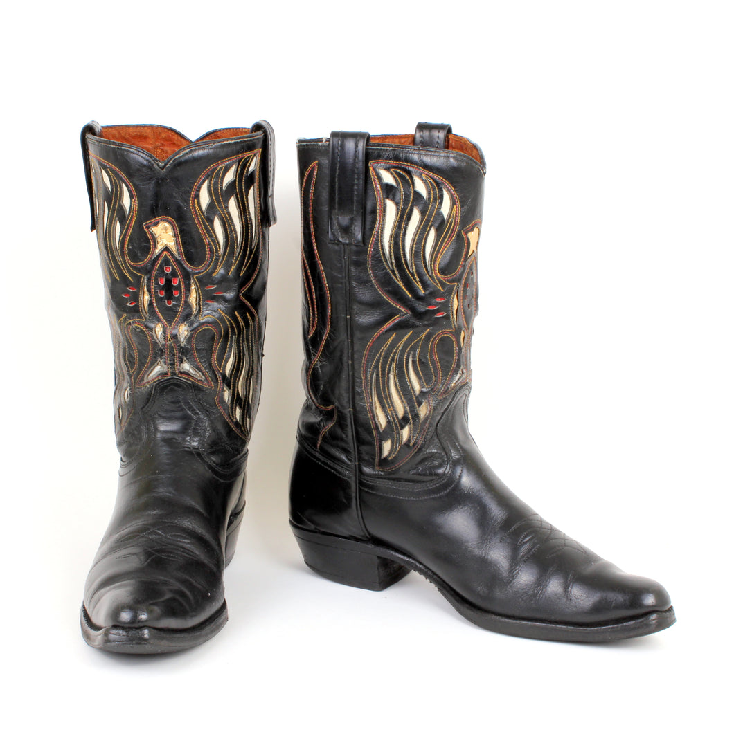 Vintage Acme Black Cowboy Boots With Fancy Inlaid Uppers