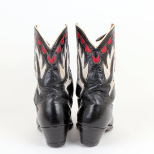 Vintage Goding Black Cowboy Boots With Fancy Uppers in Red and White