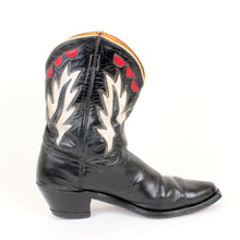 Load image into Gallery viewer, Vintage Goding Black Cowboy Boots With Fancy Uppers in Red and White