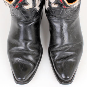 Vintage Goding Black Cowboy Boots With Fancy Uppers in Red and White