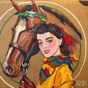 Cowgirl Portrait Painting on Vintage Suit Case by Shawna June Lee