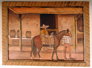 Mexican Folk Art Vintage Painting Horse in Village