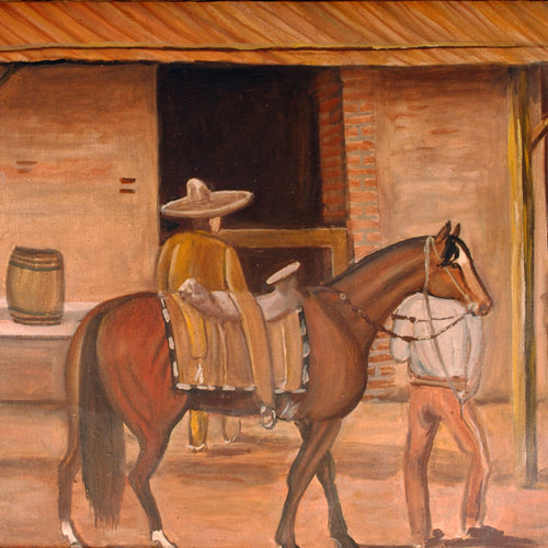 Mexican Folk Art Vintage Painting Horse in Village