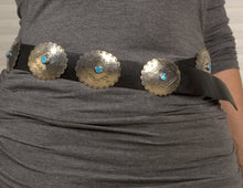 Load image into Gallery viewer, Vintage Concho Belt with Stamped Silver and Turquoise