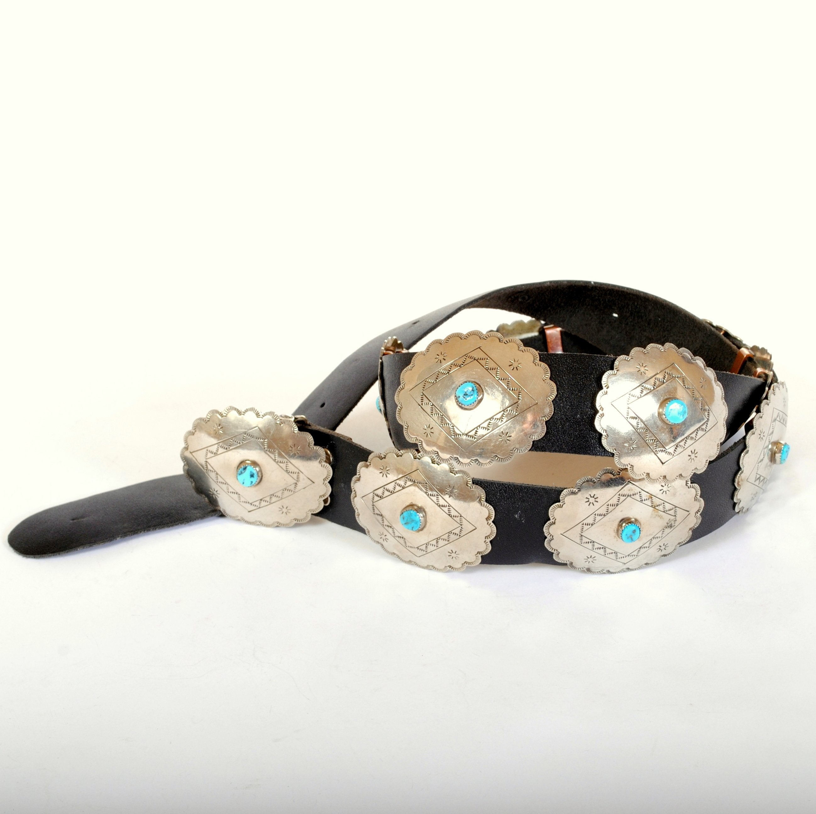 Leather Belt with Carved Billets and Turquoise Conchos & Rivets – Southwest  Distinctions Custom Leather Products