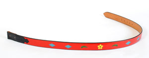 Handmade Red Leather Belt with Floral & Diamond Inlaid Designs