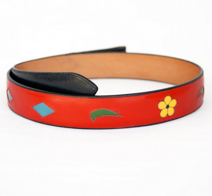 Handmade Red Leather Belt with Floral & Diamond Inlaid Designs sz 42-1/2