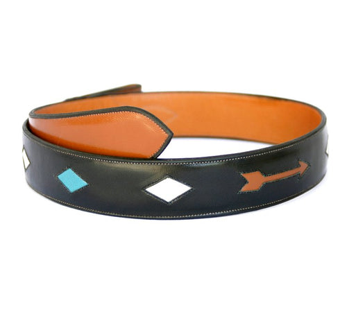 Black Handmade Belt with Diamond & Arrrow Inlaid Designs sz 38-1/2