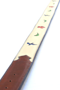 Handmade Leather Belt Cream with Inlaid Bluebird & Floral Designs sz 38" BHA115