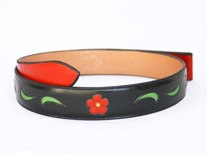 Handmade Inlaid Leather Belt Black Floral & Leaves