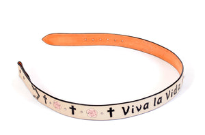 Beige Handmade Leather Belt "Viva la Vida" Inlaid Design sz 36"