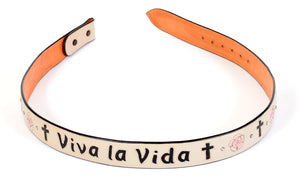 Beige Handmade Leather Belt "Viva la Vida" Inlaid Design sz 36"