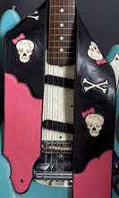 Load image into Gallery viewer, Skull Guitar Strap in Black &amp; Pink Leather with Skulls