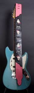 Skull Guitar Strap in Black & Pink Leather with Skulls