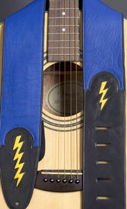 Handmade Blue Leather Guitar Strap with Lightning Bolt GS107
