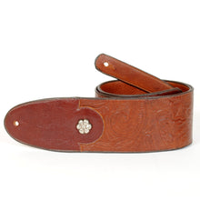 Load image into Gallery viewer, Handmade Embossed Guitar Strap with Sterling Rosettes GS113