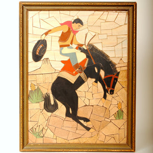Linoleum Art Cowboy Scene Rare Vintage