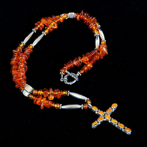 Amber & Silver Cross Necklace